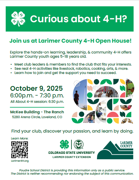 Larimer County 4-H Open House Oct. 9th at 6pm